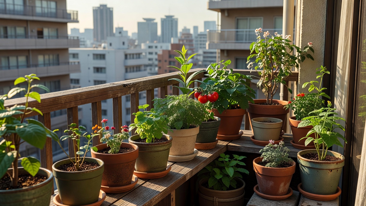 東京のマンションのベランダに置かれた植物