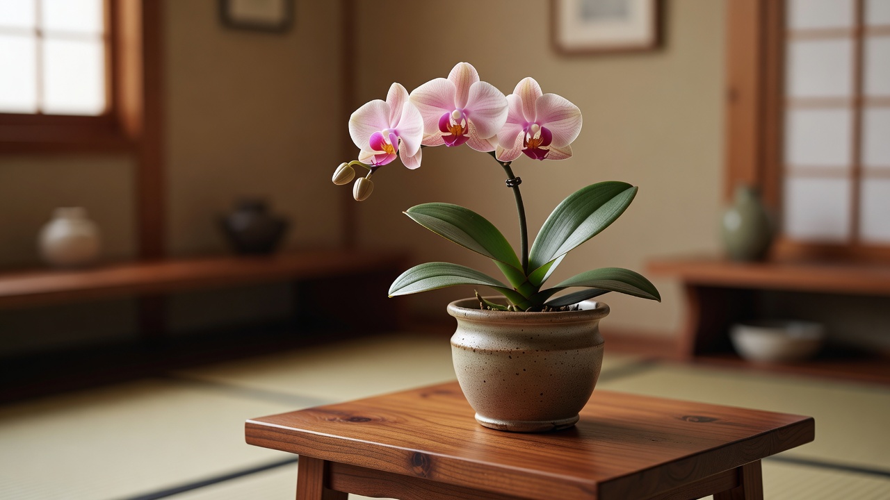 陶器の鉢で花を咲かせた胡蝶蘭