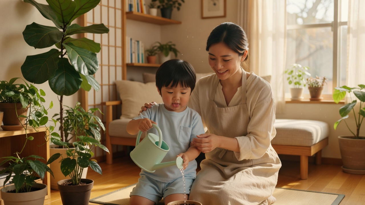 親子で一緒に植物へ水をあげている様子