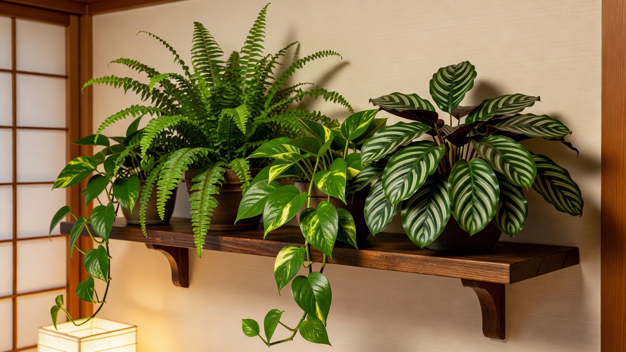 木製の棚に並べられた観葉植物