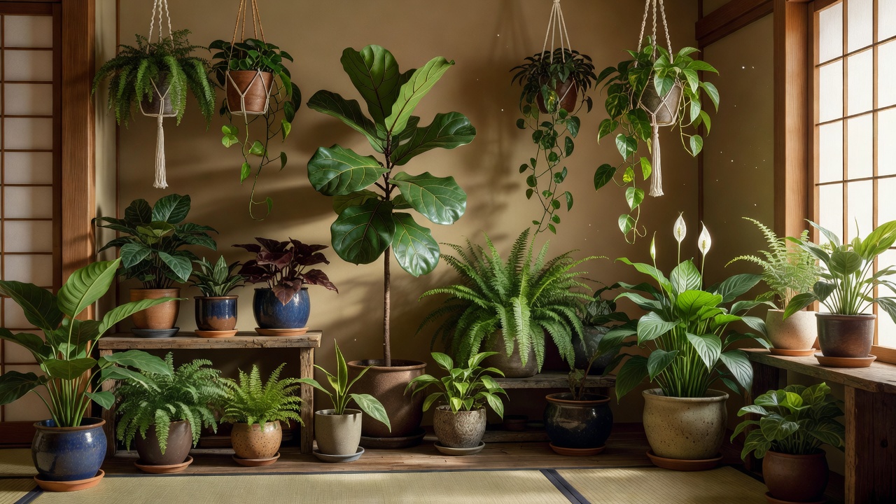 緑豊かな植物が並ぶ部屋の一角