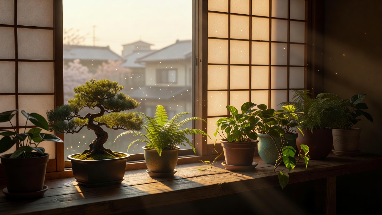 朝の光が差し込む窓辺の植物