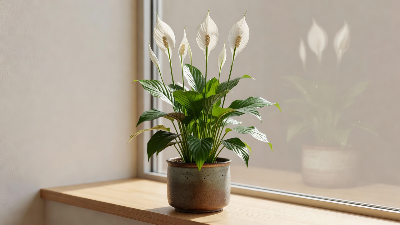窓辺の陶器鉢に植えられたピースリリー