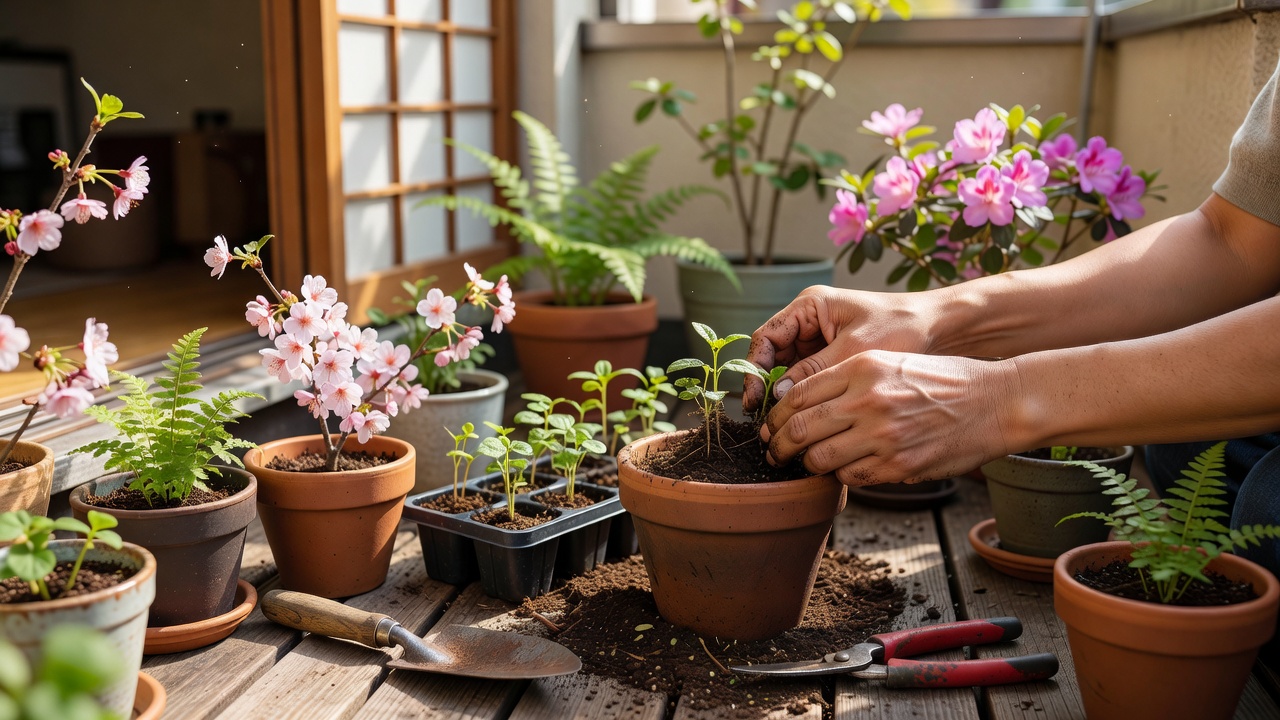 春にベランダで苗を植え替えている様子