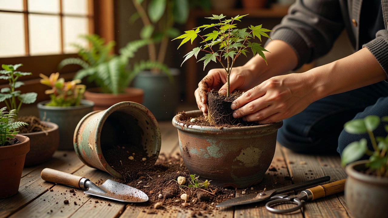 植え替えの際に土と肥料を扱う手元