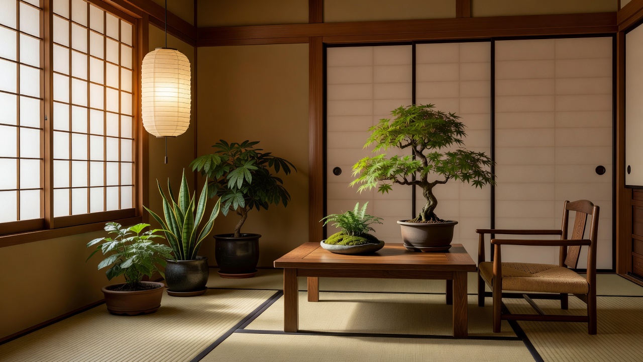 和室に設けられた静かな植物コーナー